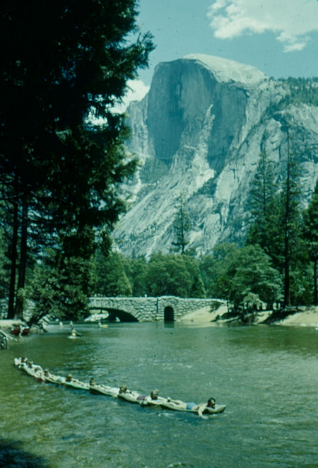 Half Dome, tourists floating in Merced River in Yosemite Valley - Yosemite National Park - Jul 1957