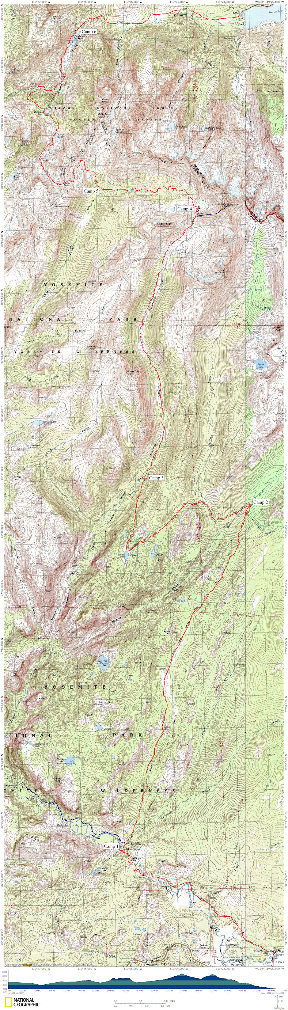 Tuolumne Meadow, Matterhorn Peak, Twin Lakes trip map