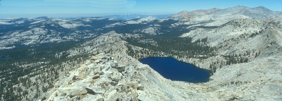 West from Gale Peak along ridge separating Chain Lakes & Breeze Lake (right), Moraine Meadow area (right) - Yosemite National Park - Aug 1973