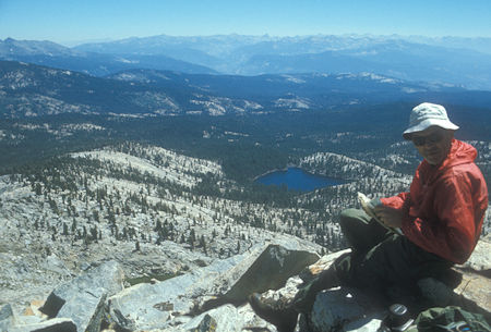 East from Gale Peak over Lillian Lake toward Mammoth Lakes, Gordon Lee - Yosemite National Park - Aug 1973