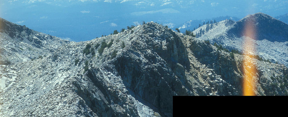 Peak 10,448 between Gale Peak and Sing Peak, Redtop (right) from Gale Peak - Yosemite National Park - Aug 1973