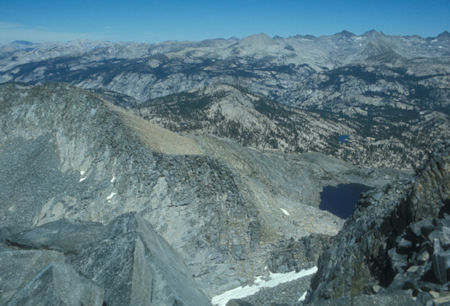 Ottoway Peak, Edna Lake, Mount Maclure, Mount Lyell, Roger Peak, Edna Lake, Merced Peak Fork Merced River from Merced Peak - Yosemite National Park - Aug 1973