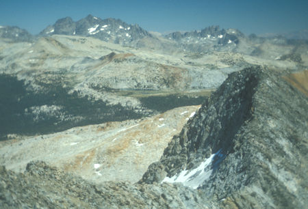 Banner Peak, Mt. Ritter, Minarets, Isberg Pass Meadow and Lake from Merced Peak - Yosemite National Park - Aug 1973