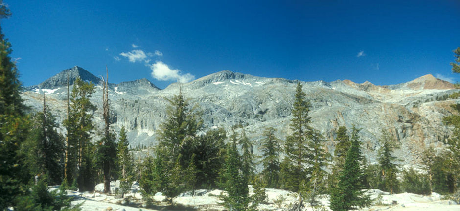 Merced Peak, Ottoway Peak and Red Peak from trail to Isberg Pass area<br>Yosemite National Park - Aug 1973