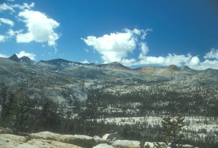 Merced Peak, Red Peak, Gray Peak from near Isberg Pass area camp - Yosemite National Park - Aug 1973