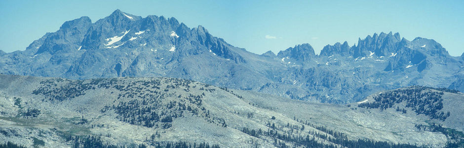 Banner Peak (left), Mt. Ritter (next), Minarets (right) from Post Peak - Yosemite National Park - Aug 1973