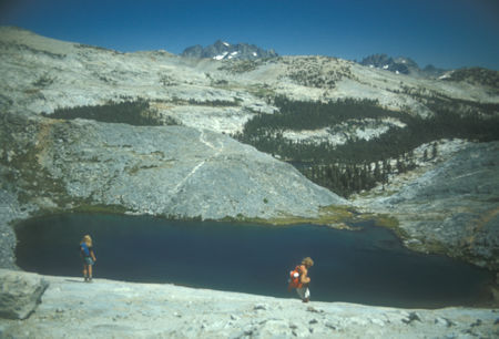 Lower Ward Lake, Robbie and Paul from Post Peak - Yosemite National Park - Aug 1973