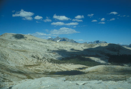 Isberg Peak, Banner Peak, Mt. Ritter, Minarets, Upper Isberg Lake from Isberg Pass - Yosemite National Park - Aug 1973