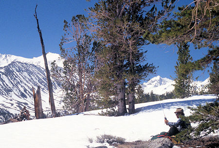 Mt. Morgan (behind trees), Bear Creek Spire, Don Stansifer on HAM radio on Hilton Lakes ridge - 1995