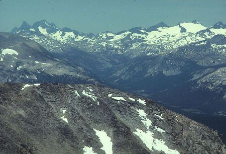Banner Peak, Mt. Ritter, Mt. Lyell and glacier from top of Mount Conness - Gil Beilke photo - Yosemite National Park 02 Jul 1972