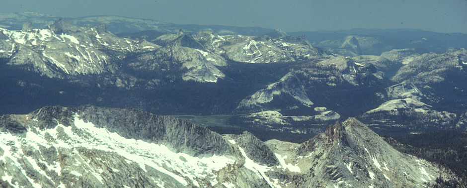 Cathedral Range, Tuolumne Meadow, Clouds Rest, Half Dome, Tenaya Lake from top of Mount Conness - Gil Beilke photo - Yosemite National Park 02 Jul 1972