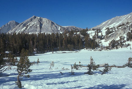 Mount Conness from frozen middle Young Lake with North Peak in rear - 27 May 1972