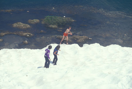 Johnny and Michael and Jimmy snowball fight at Steelhead Lake - Hoover Wilderness - Jul 1978