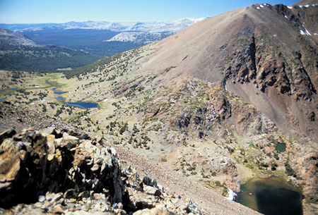 From the ridge leading to Mt. Lewis, looking northwest down the Dana Fork. Upper Sardine Lake is in the lower right of the picture, then moving left is Mono Pass and Summit Lake in Yosemite National Park. Flanks of Mt. Gibbs on the right.