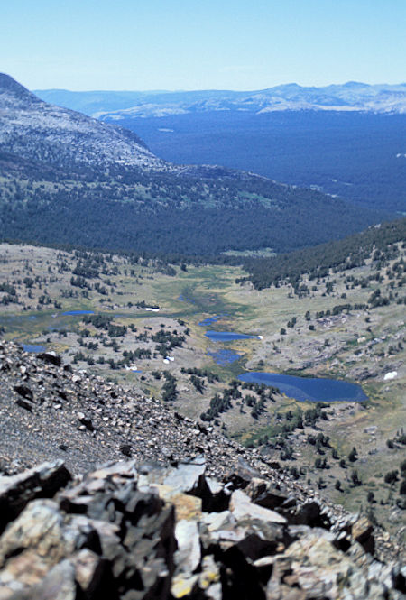 Looking northwest down the Dana Fork from the ridge leading to Mt. Lewis. Mono Pass is in the lower right corner. The larger lake is Summit Lake in Yosemite National Park