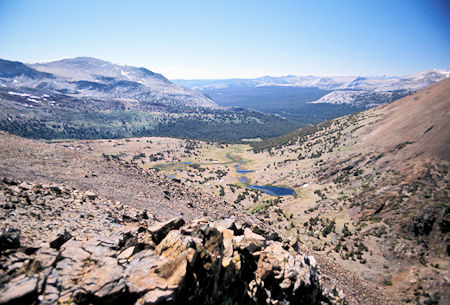 Looking northwest down the Dana Fork from the ridge leading to Mt. Lewis. Mono Pass is in the lower right corner. The larger lake is Summit Lake in Yosemite National Park
