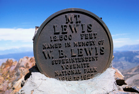 Marker on top of Mt. Lewis indicating the peak was named after a Superintendent of Yosemite National Park