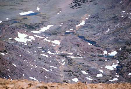This closer view from Parker Peak shows the string of lakes below Parker Pass which is at the upper left edge of the picture