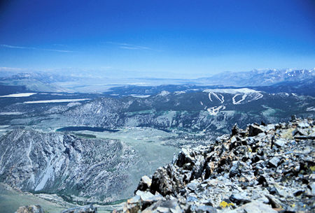 This view from Mt. Woods shows the June Mountain ski runs at the right and June Lake on the left with Crowley Lake beyond it