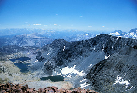 Alger Lakes with Blacktop Peak on the right from top of Koip Peak.  Pointy Banner Peak on right edge of picture in the background