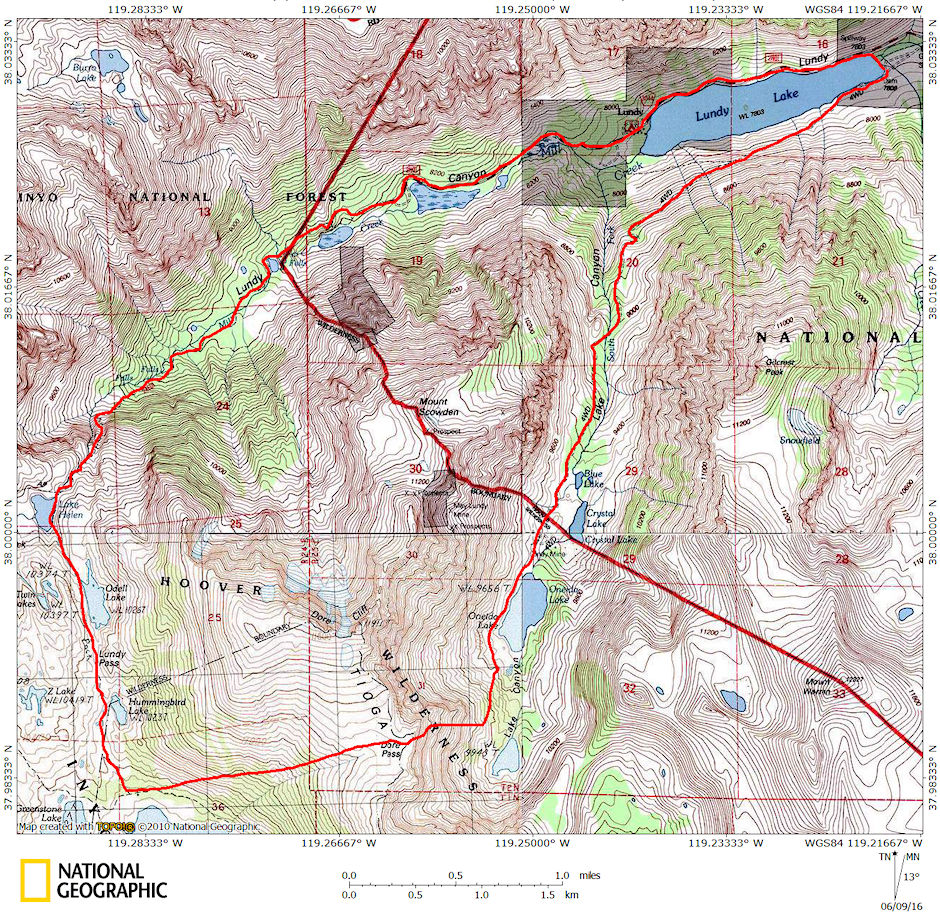 Lundy Lake Loop route map - Hoover Wilderness 1980