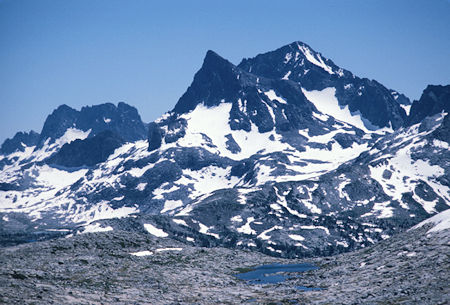 Telephoto lens brings Banner Peak (pointed on the left) and Mt. Ritter (on the right behind) into closer view from the Lost Lakes area
