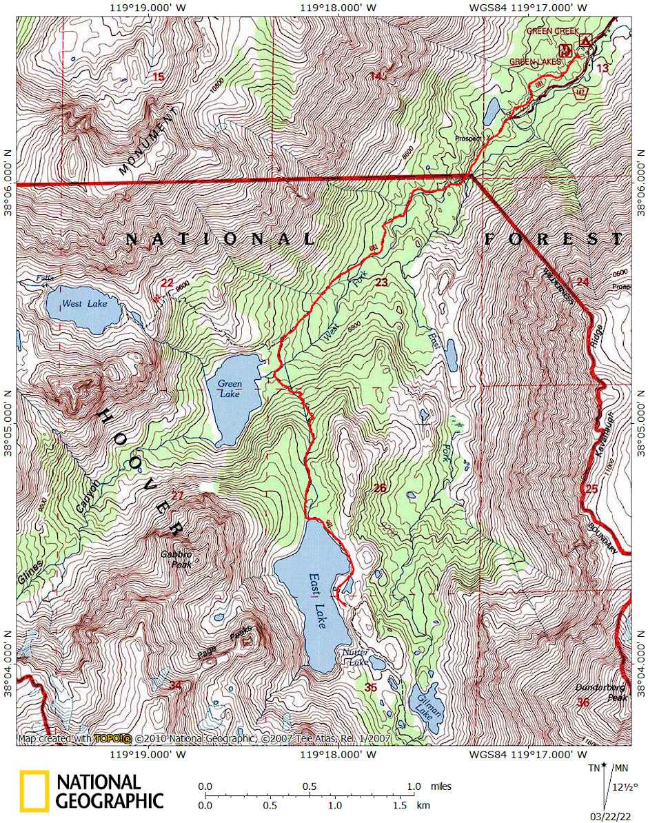 Green Lake-East Lake route map - Hoover Wilderness 1982
