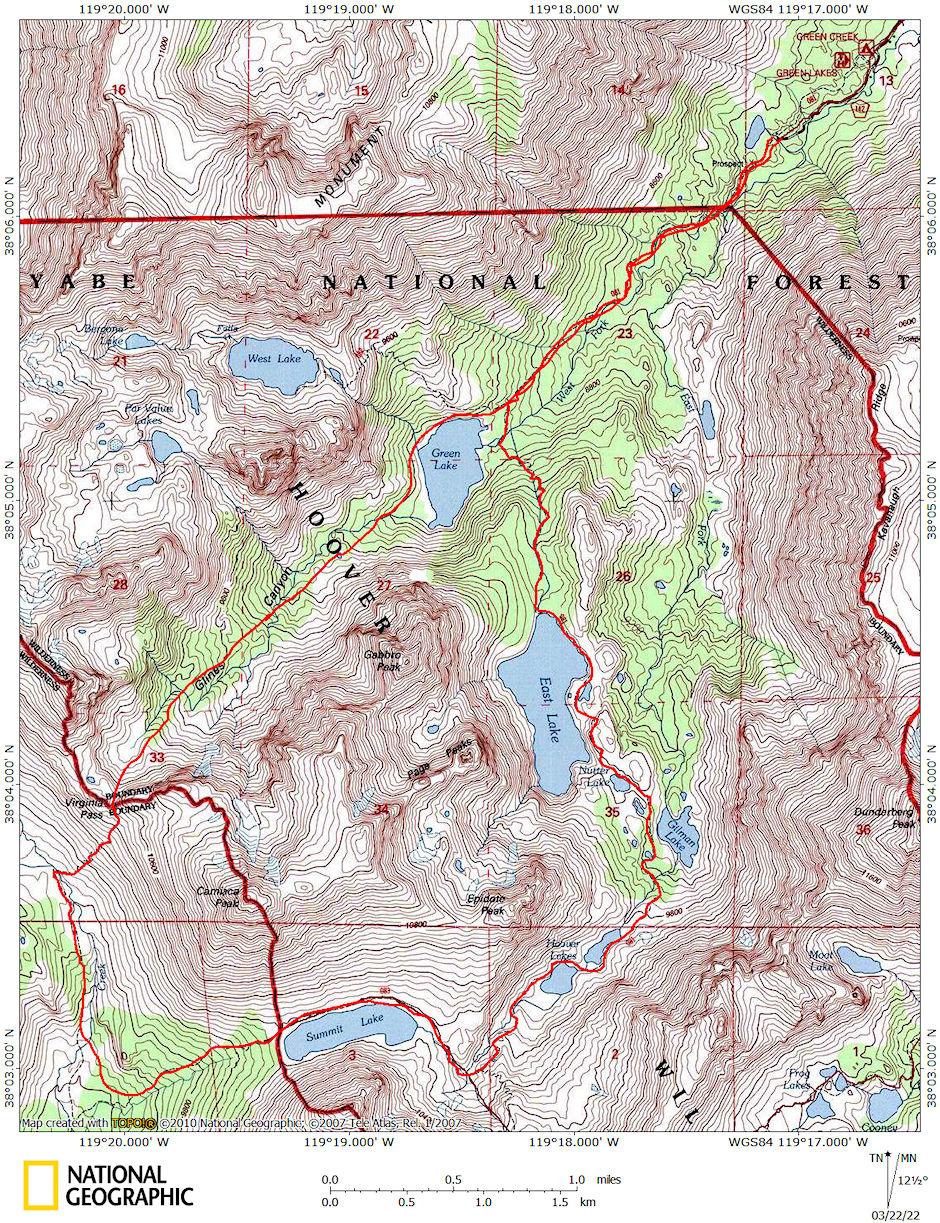 Green Lake Loop route map - Hoover Wilderness 1982