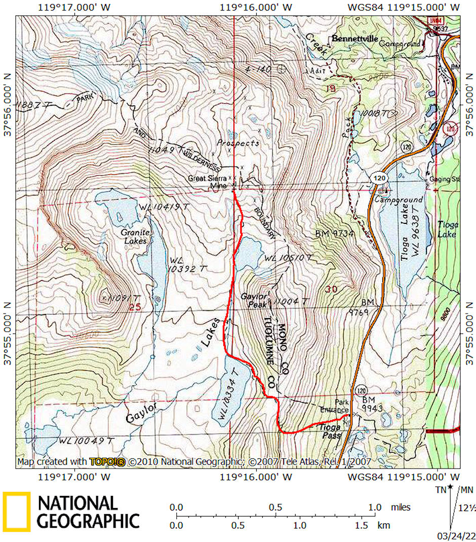 Gaylor Lakes Great Sierra Mine route map 1986
