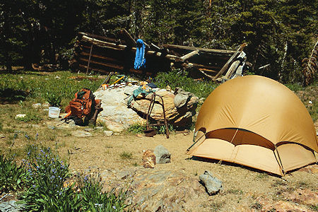 Camp next to cabin remains at Par Value Creek - Hoover Wilderness 1989