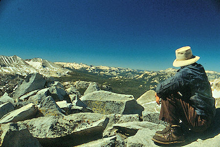 Gil Beilke admiring Cathedral Peaks from Grey Butte - Yosemite National Park 1989