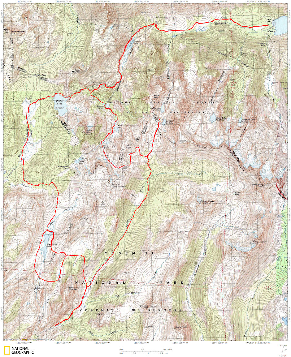 Twin Lakes/Rock Island/Slide Canyon route map 1990