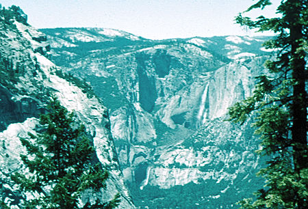 Glacier Point (left), Upper and Lower Yosemite Falls from Panorama Cliffs - Yosemite National Park Jul 1957