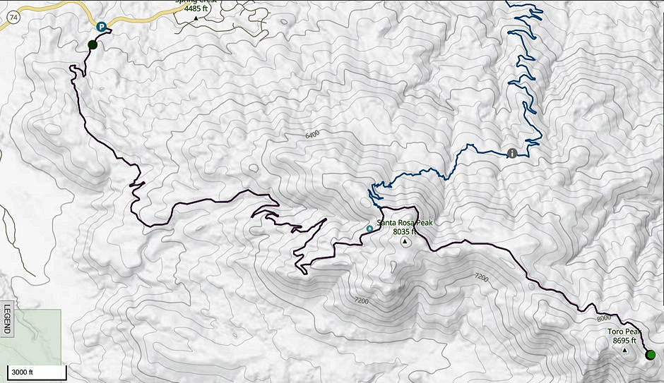 Route map for Santa Rosa Peak and Toro Peak