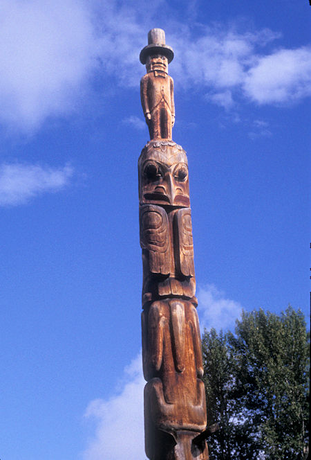 Totem pole at Ksan Historical Village near New Hazelton, British Columbia