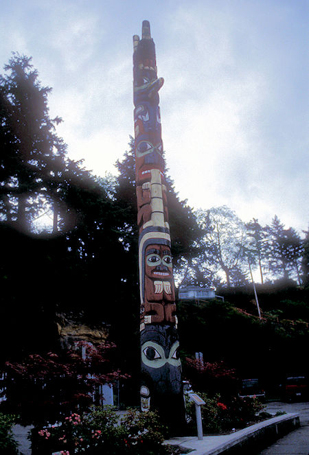 Chief's Totem Pole at Skedans with (bottom to top) a Killer Whale, Rainbow Person, Tcamaos (legendary creature that could roll-over canoes), Eagle and 3 Watchmen in Prince Rupert, British Columbia