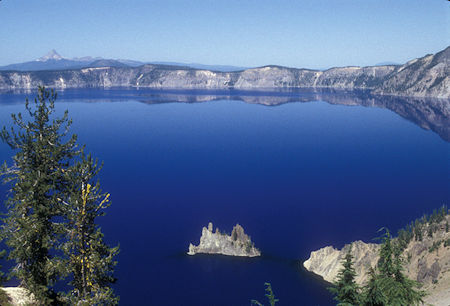 'Phantom Ship' in Crater Lake, Mt Thielson in distance, Crater Lake National Park, Oregon 1998