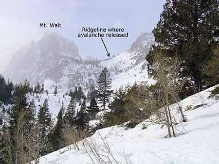 Looking at Mt. Walt and the area where the slide occurred while skinning up into Blacksmith Creek