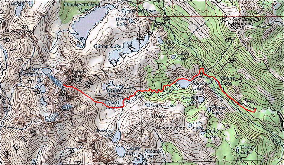 Route from Agnew Meadows to Banner Peak/Mt. Ritter saddle
