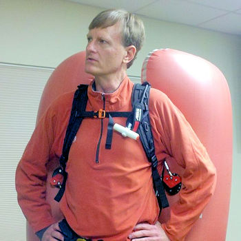 Jeff Holmquist modeling expanded avalanche air bag