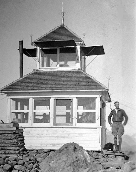 Goat Peak Lookout in 1923. The firefinder is  in the cupola. Photo by Ferd Haase from the Shirley Haase Collection