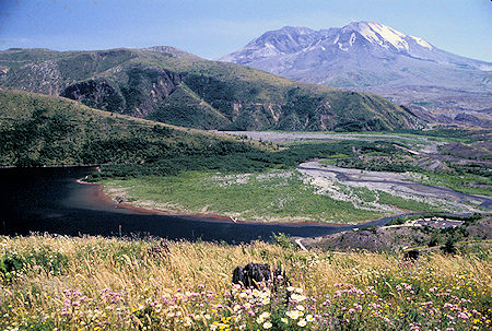 Mount St. Helens over Coldwater Lake created by eruption, Coldwater Visitor Center, Mount St. Helens National Volcanic Monument, Washington