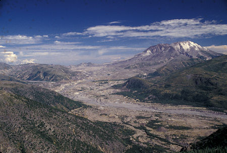 Mount St. Helens and river valley from Elk Rock viewpoint, Mt. Adams on left skyline, near Coldwater Visitor Center, Mount St. Helens National Volcanic Monument, Washington