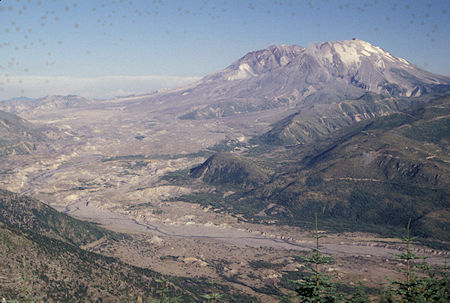 Mount St. Helens and river valley from Elk Rock road, near Coldwater Visitor Center, Mount St. Helens National Volcanic Monument, Washington