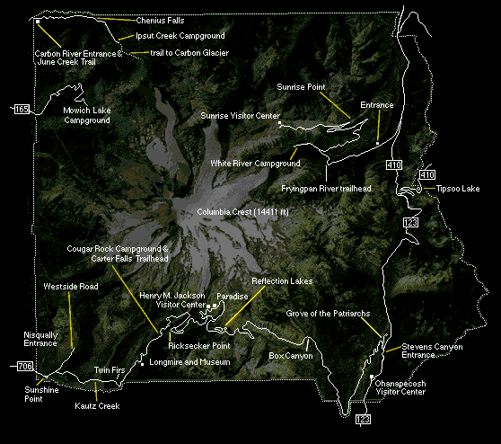 Mt. Rainier National Park Map - National Park Service drawing