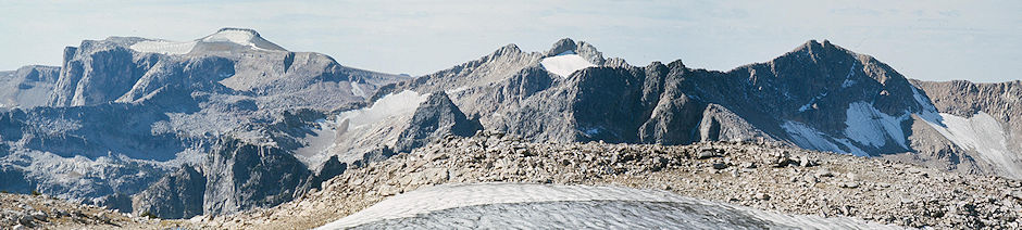 Table Mountain (left), The Wigwams (center), Petersen Glacier (right) from Paintbrush Divide - Grand Teton National Park 1977
