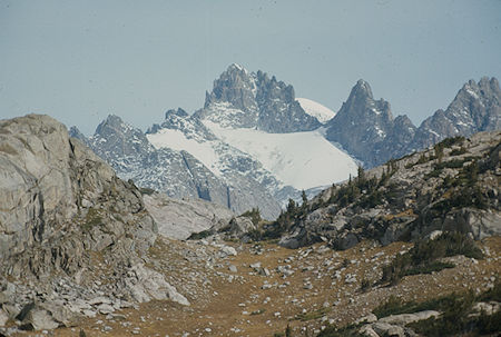 Mount Woodrow Wilson with Gannett Peak behind from Island Lake - Wind River Range 1977