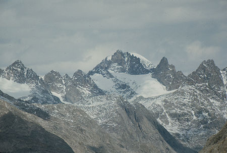 Mount Woodrow Wilson with Gannett Peak behind from Lester Pass - Wind River Range 1977